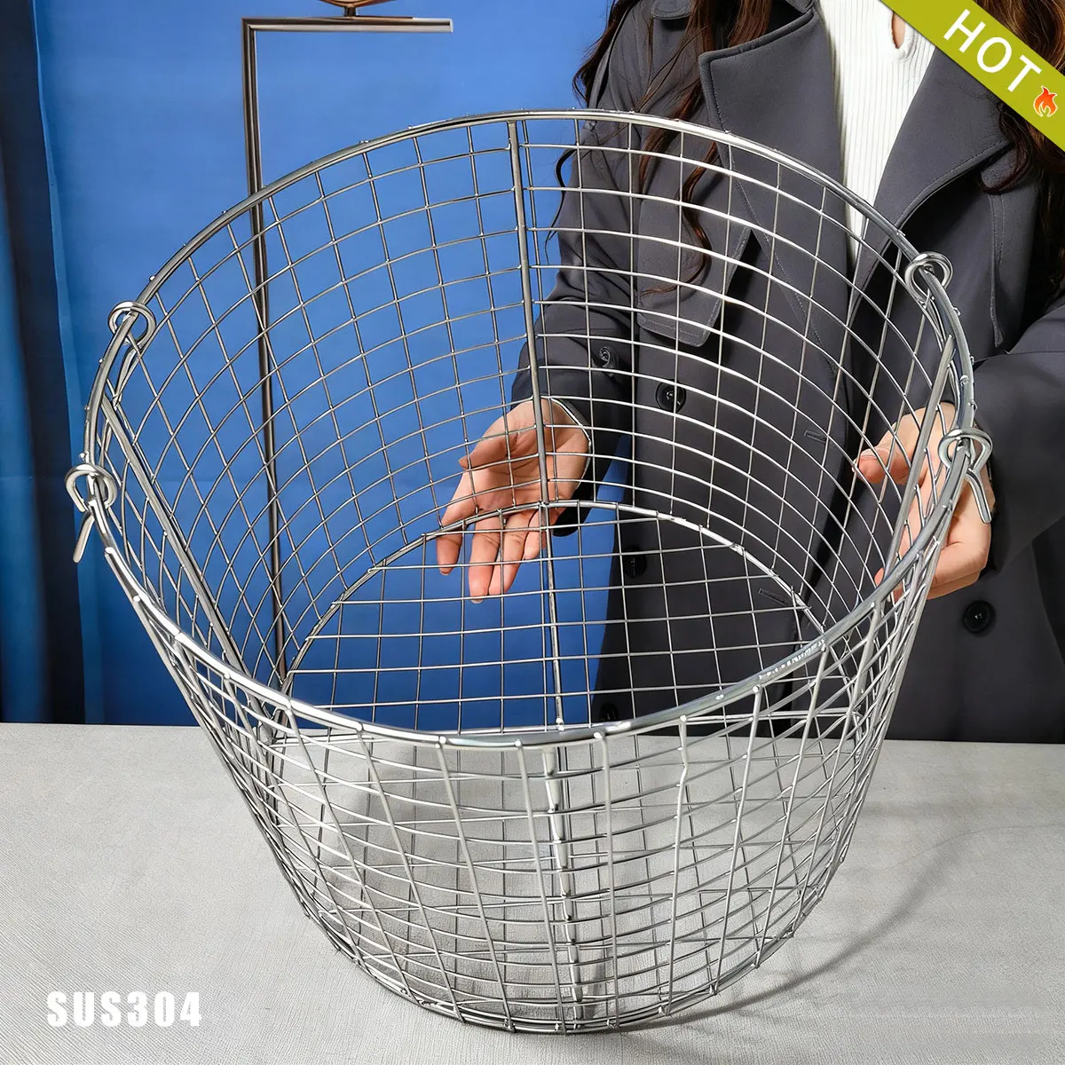 

304 Stainless Steel Round Mesh Basket Thick Wire Large Hole Drain Basket Industrial Storage Food Steaming Frying Filter Cleaning