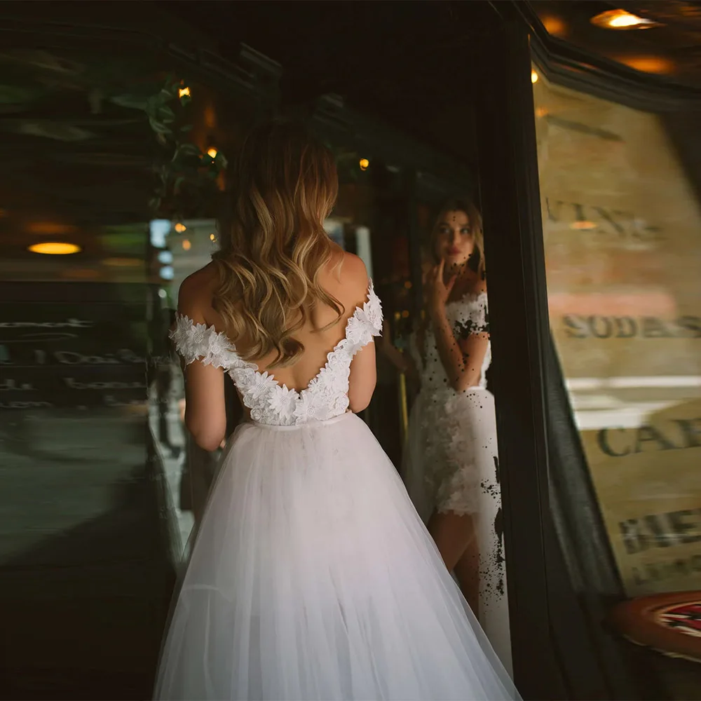 Mini robe de mariée style Boho, épaules dénudées, fleurs 3D personnalisées, décolleté en V profond détachable, dos nu, avec des appliques, robe de mariée princesse