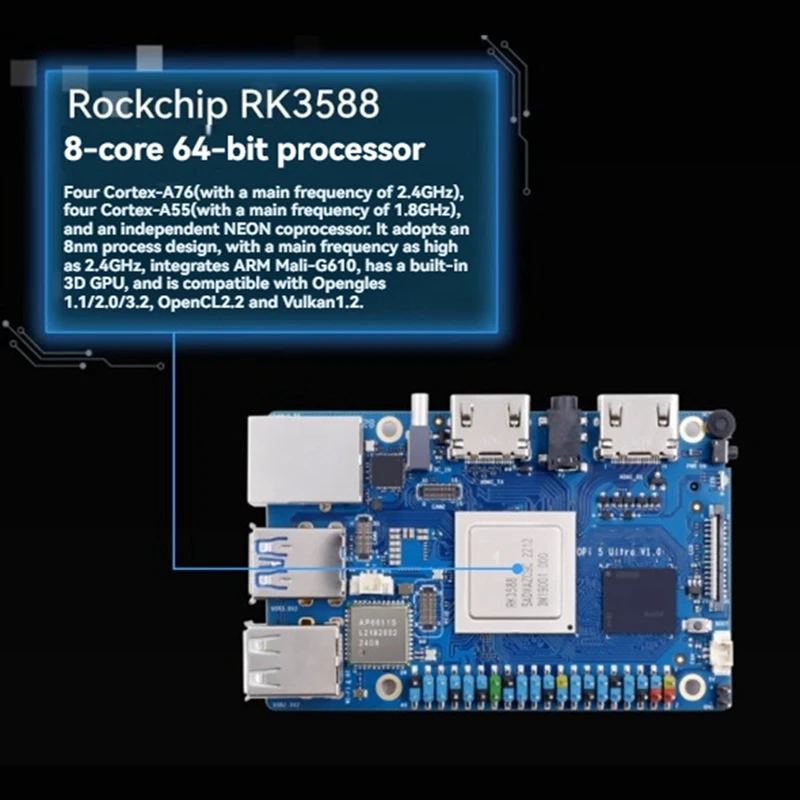 For OrangePi5 Ultra 16GB RK3588 DevelopmentBoard WiFi 6E+BT 5.3/BLE M2 SSD 6TOPS NPU Ultra Mini for Android12(US)-VVNB