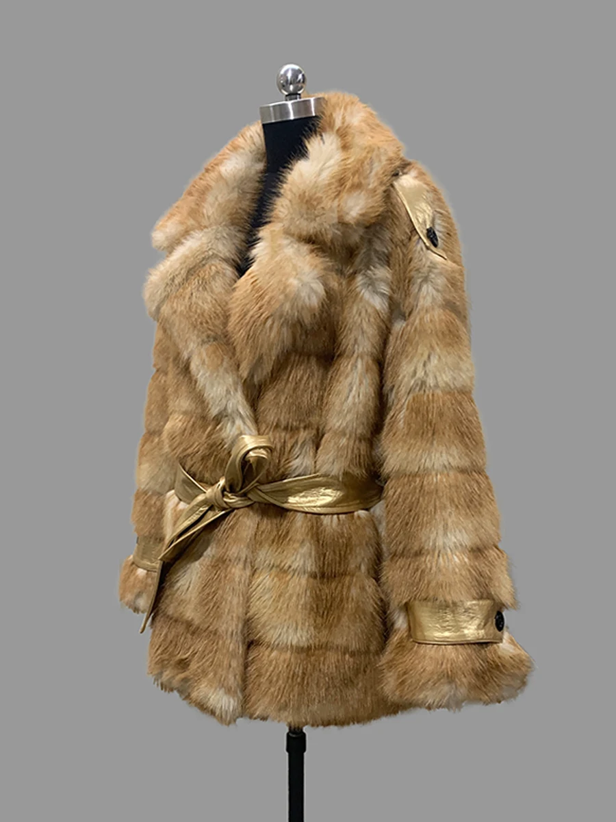 Nerazzurri Autumn Winter Thick Warm Soft Hairy Striped Colorful Gold Faux Fur Coat Women Sashes Fluffy Jacket Runway Fashion