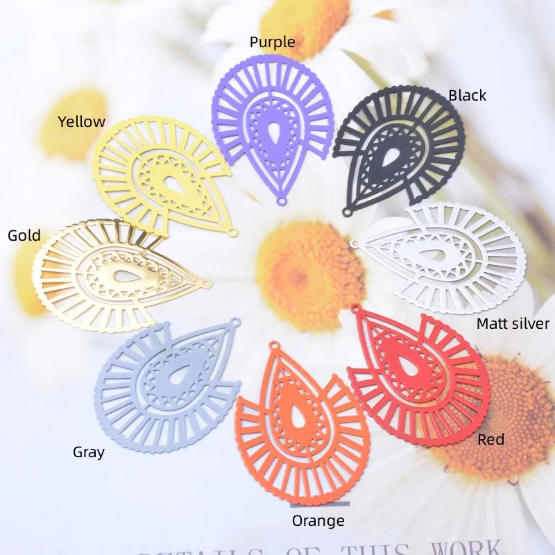 30pcs AB7797 Colorful Peacock feather shape Charms Filigree Brass Ear Base Gold Color Pendant DIY Jewelry Findings