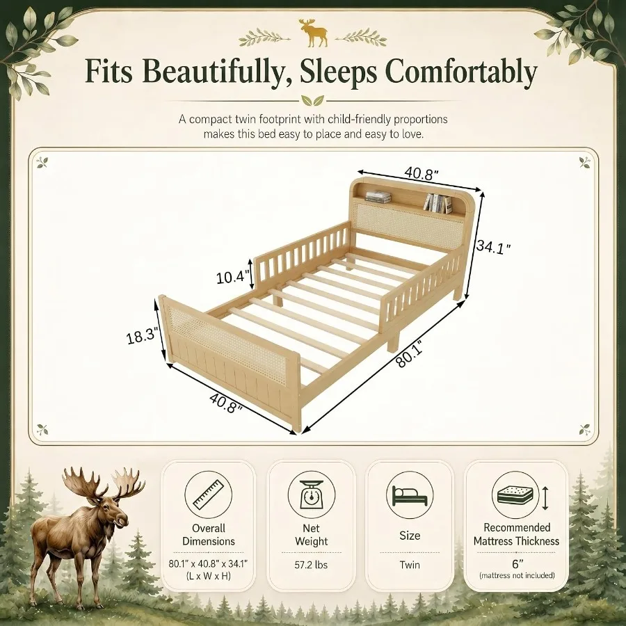 Bed Frame Rattan Headboard Footboard White LED Lights Storage Safety Guardrails No Box Spring Needed
