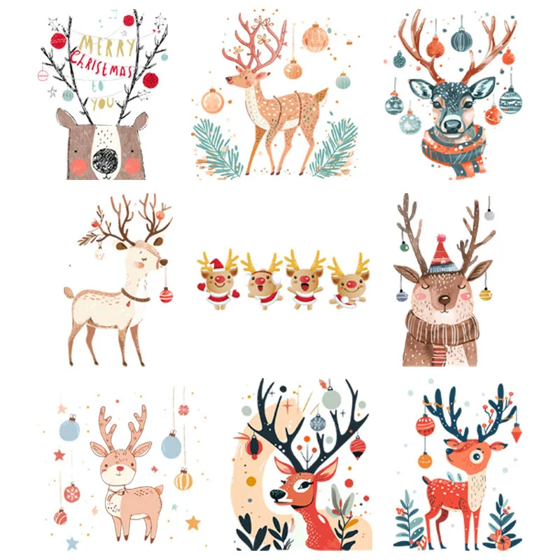 22CM Christmas Cartoon Elk Iron On Clothes Patches For Clothing Washable Heat Transfer DTF Thermal Sticker On Clothes Applique