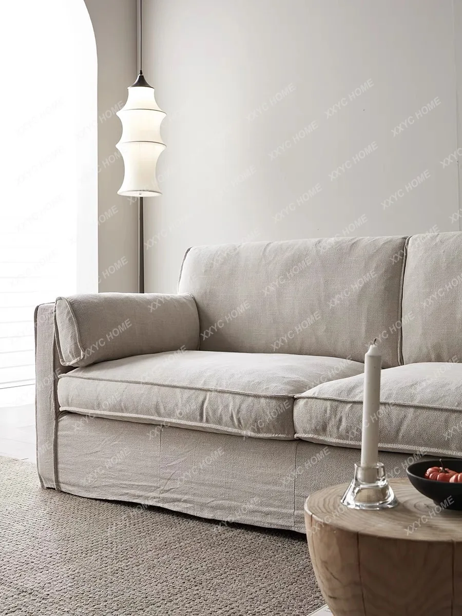 A retro three-person linen fabric sofa removable and washable size apartment living room hotel apartment