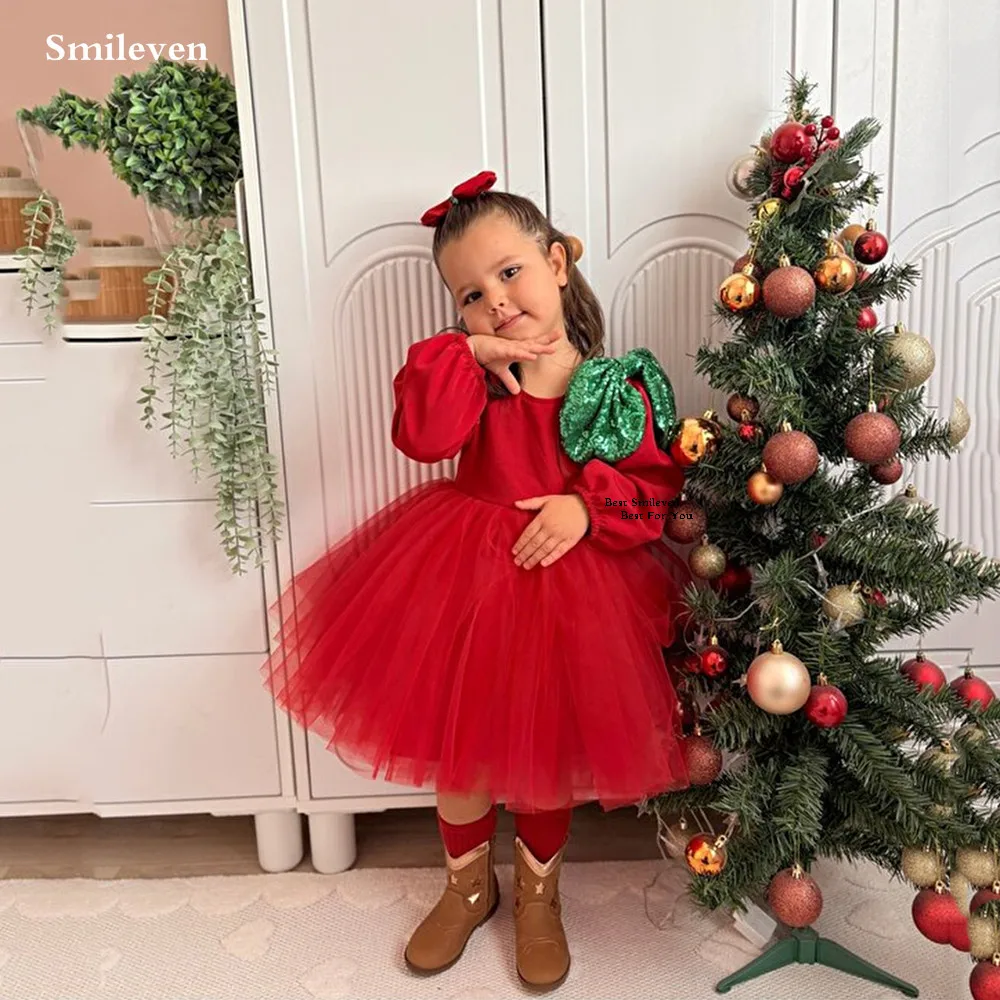 

Smileven Green Bow Flower Girl Dress Velvet Caftan Lace Knee Length Christmas Party Gowns vestidos para niñas Customized