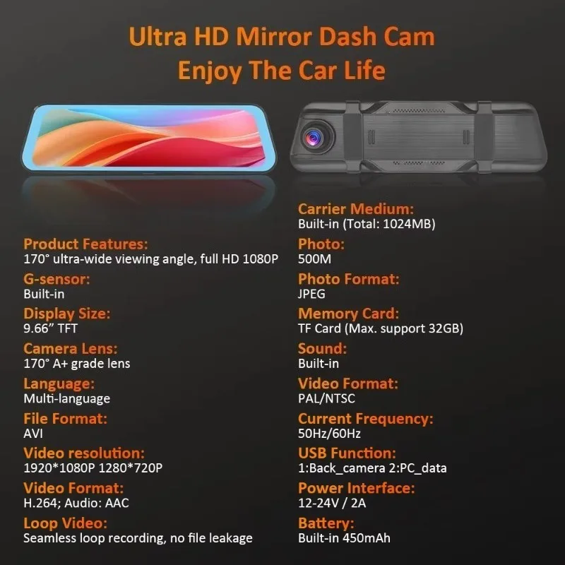 9.66 Inch Rearview Mirror Dash Cam Full HD 1080P Starlight Night Vision Dual Lens Car DVR