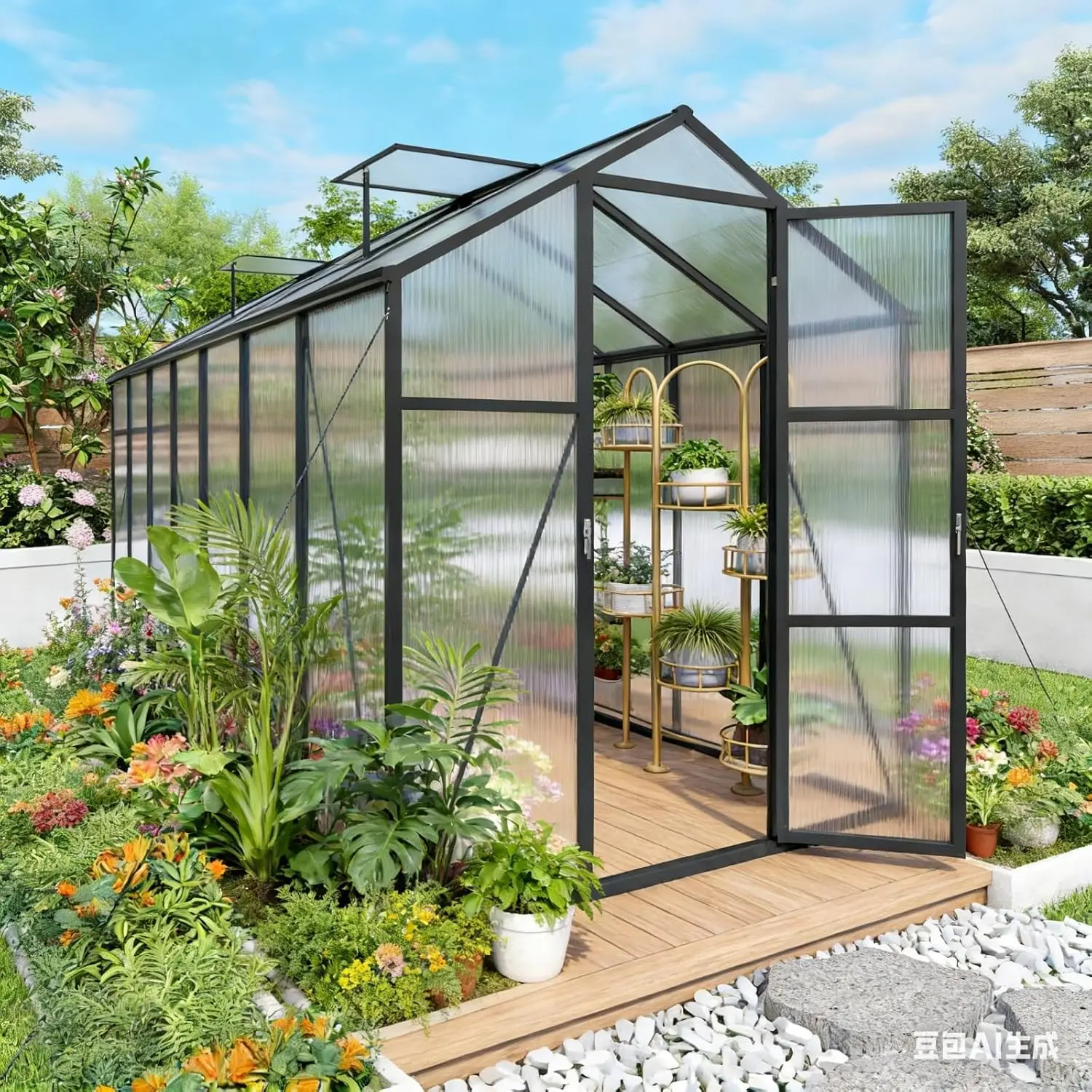 6x14 FT Greenhouse, Walk-in Outdoor Polycarbonate Garden Greenhouses with Aluminum Frame, 4mm PC Panels, Adjustable, Customized