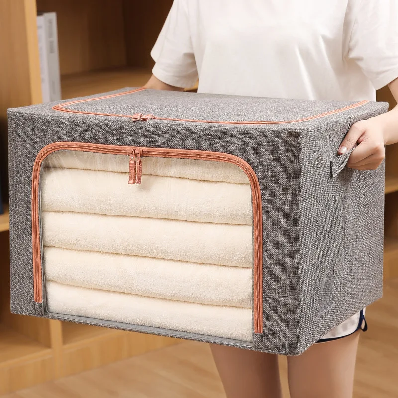 High Capacity Storage Bag with Built-in Steel Frame Foldable Cotton Storage Box for Clothes Blanket Quilt jeans Closet Organizer