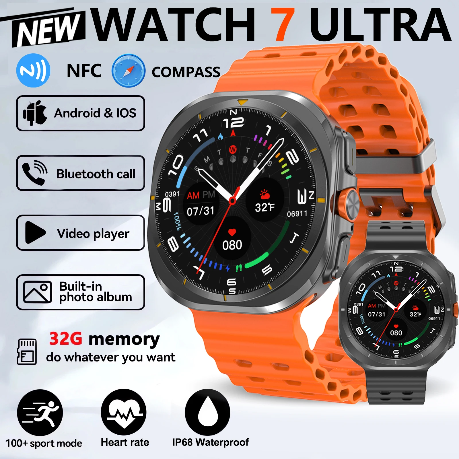 2024New Galaxyนาฬิกา7 Ultraสมาร์ทนาฬิกาผู้ชาย32GBหน่วยความจําวิดีโอGPS NFC 47มม.AMOLED Fitness TrackerสุขภาพSmartwatchสําหรับSamsung