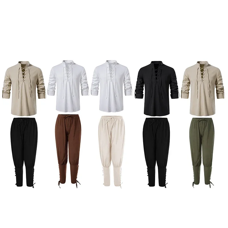 SN60 2 قطعة مجموعة أزياء فارس القرون الوسطى للرجال عصر النهضة تأثيري القراصنة قمصان الكاحل النطاقات السراويل لجميع القديسين القطن الكتان 5 & 8 $