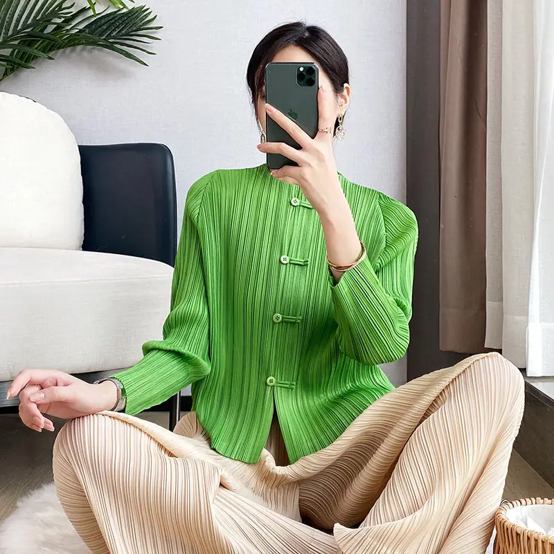 シャツ & ブラウス夏服三宅プリーツ春と夏の中国風プリントシャツ女性の長袖レトロルーズトップ