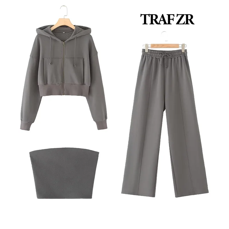 TRAF ZR Cropped Hoodie Sets for Women 3 Pieces Fashion Woman Tracksuit 2024 Jogging Pants Sets Y2k Sportswear New in Zip Outfit