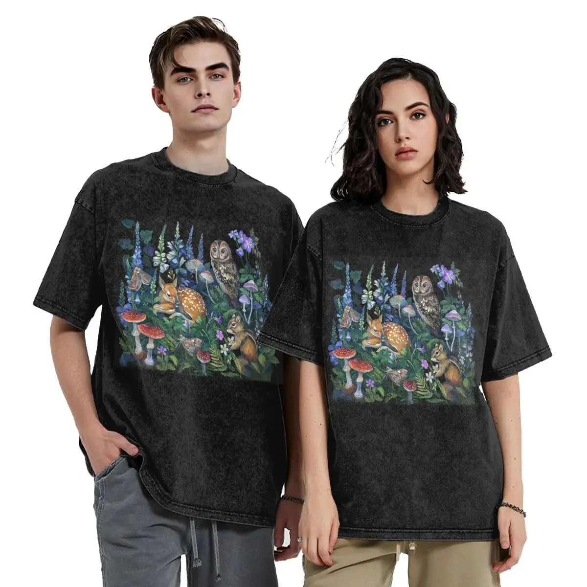 Enchanted Forest Hip Hop Short Sleeve T-Shirts Washed Tops Tees Streetwear T Shirt Cotton for Men Women