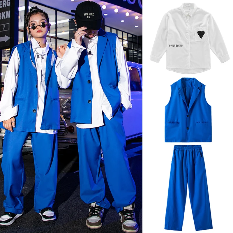 

Fashion Blue Suit Girls Boys Stage Jazz Dance Performance Costumes Kids Hip Hop Dancing Clothes Ballroom Street DanceWear SL7364