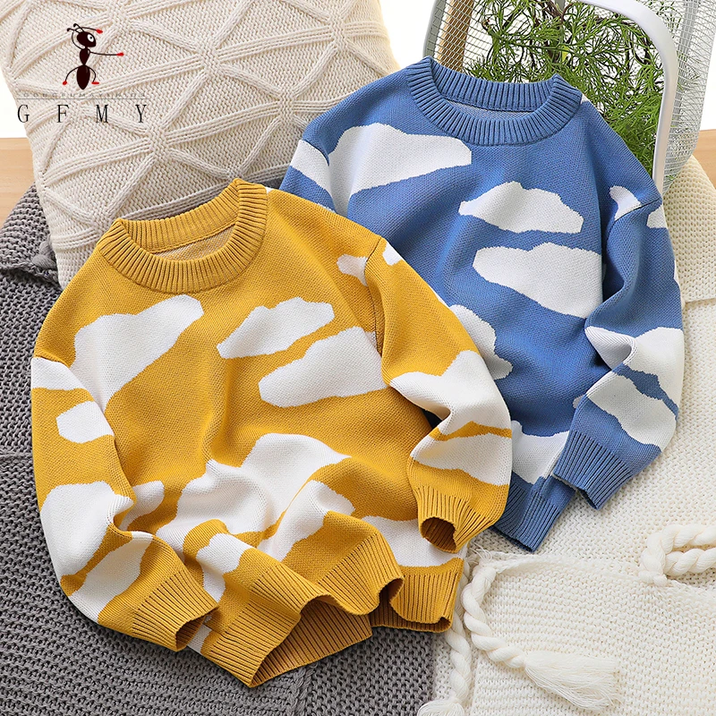 

2023 New Children's Knitwear Autumn Drop Shoulder Pullover Round Neck Cloud Boy's Sweater 4T-16T Big Kids Loose Comfortable Tops