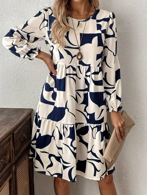 Elegant Women's Loose Dresses Novelty Woman Dress 2025 Printed Round Neck Long Sleeved Commuting Dress for Women