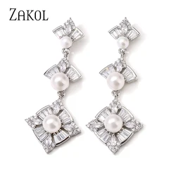 ZAKOL Brand Luxury Fashion Geometric Pearls Long Drop Earrings for Women AAA Cubic Zirconia Crystal CZ Wedding Party Jewelry