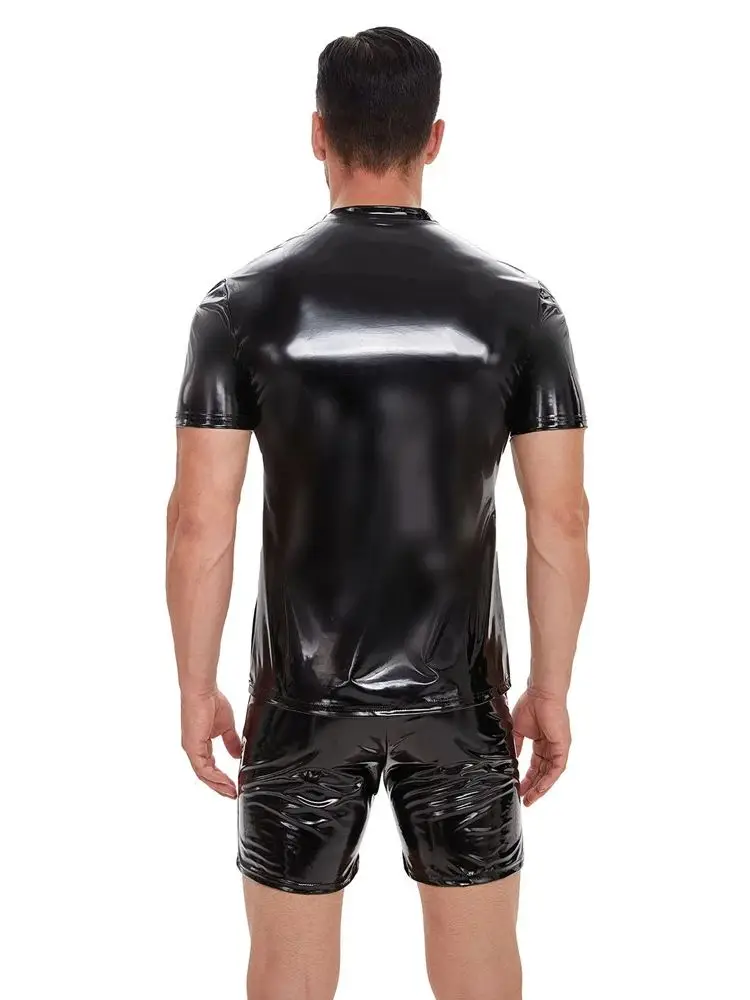 S-5XL Shiny Faux PU Leather Short Sleeve Wet Look PVC T Shirt Men Hip Hop Tshirt Tights Sexy Hot Shapers Muscle Bodybuilding Top