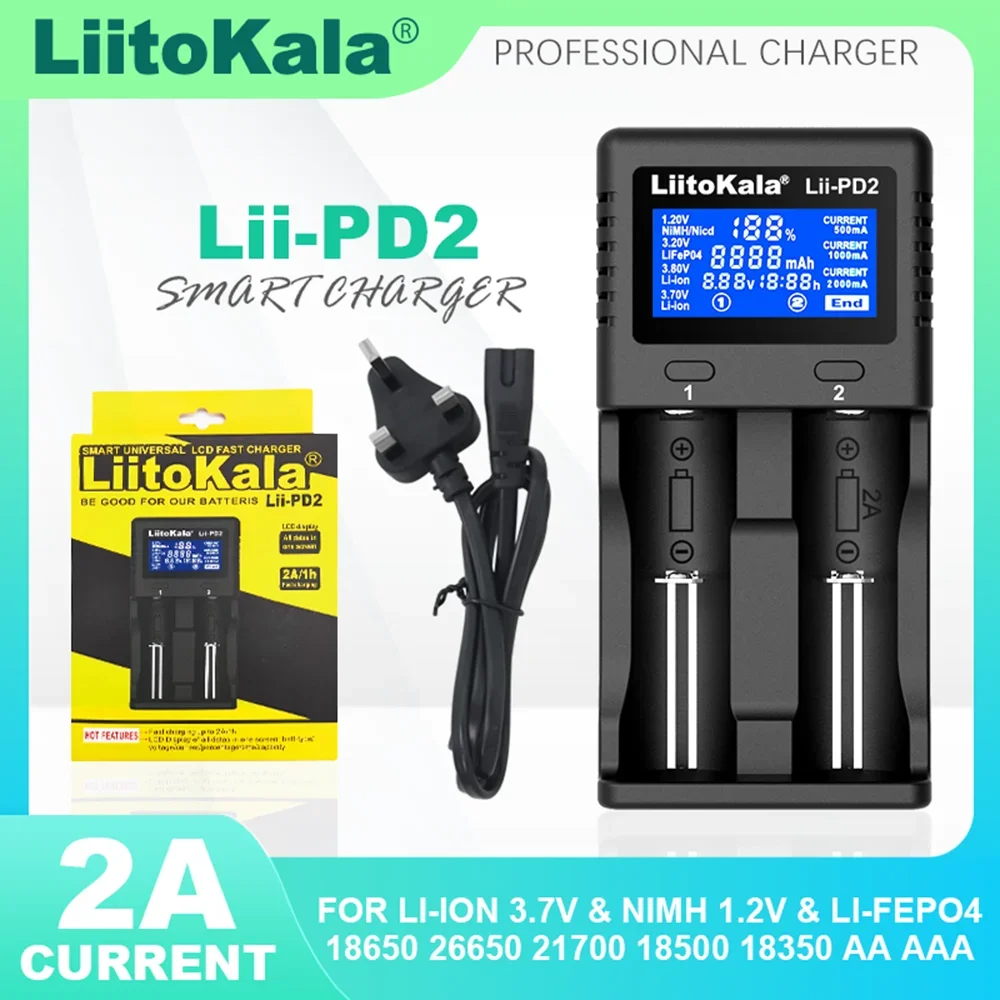 Original Liitokala Lii-PD2 3.2V 3.7V 3.8V 1.2V 25500 18650 18350 26650 20700 14500 NiMH Lithium LiFePO4 Battery Charger