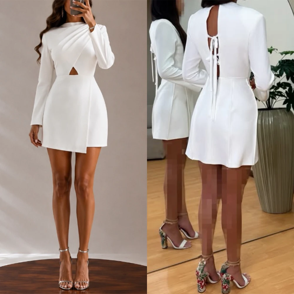 Customized High Collar Above Knee Full Sleeves Vestidos Elegantes Para Mujer Para Una Boda Платье Корейский Стиль فساتين حفلات