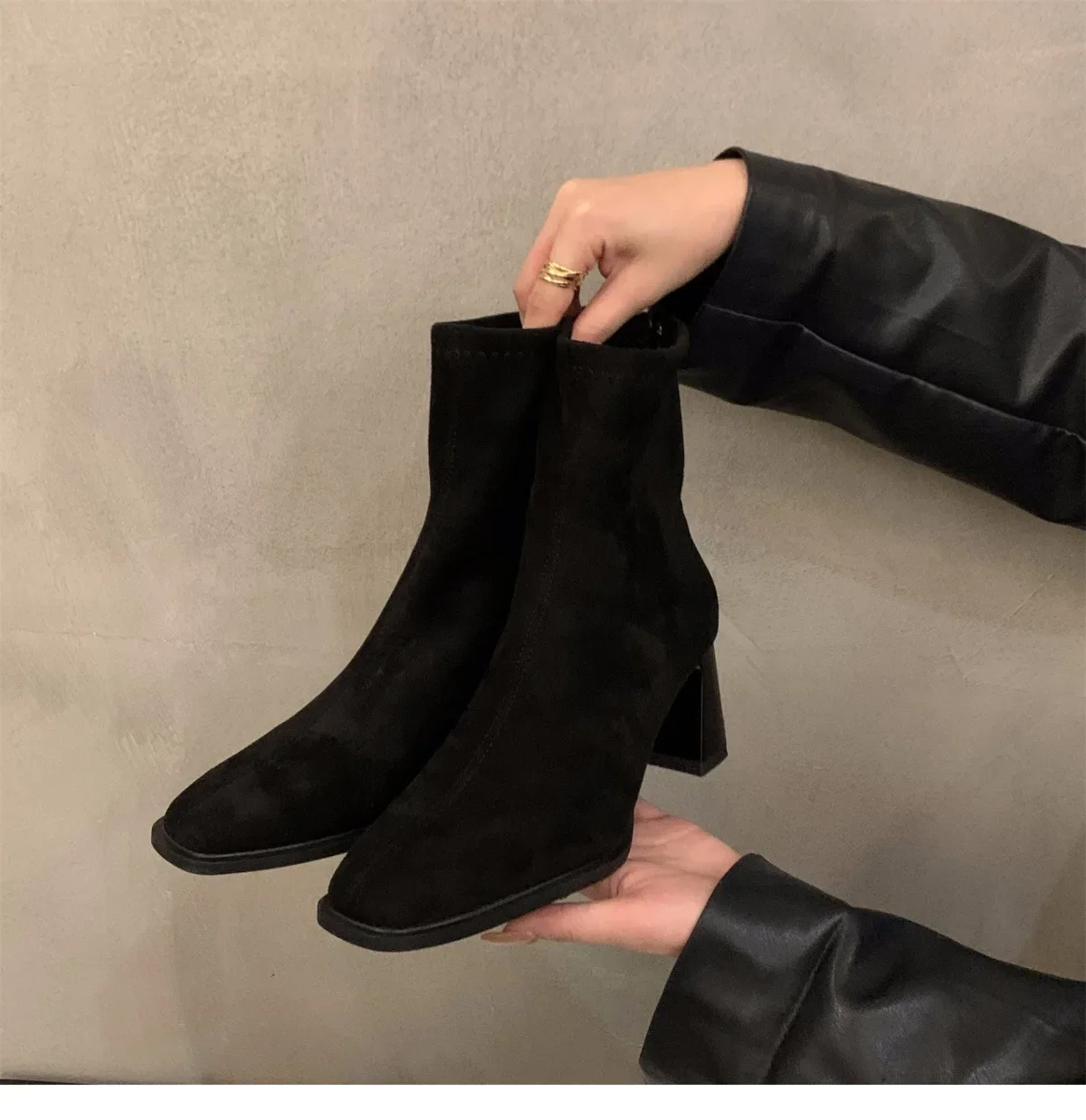 Quadratische Spitze Sexy Wildleder Casual Arbeitsstiefel für den Winter Bequeme Reißverschluss-Bankett-Elegante High Heels Damenstiefel – Detail 14