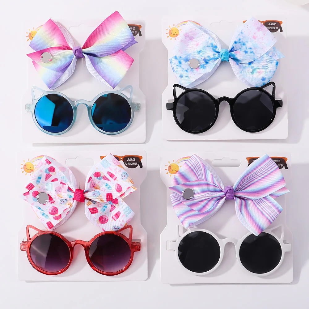 2Pcs/Pack Kids Bows Hairpin Geometry Cartoon Sunglasses Children Protection Glasses Baby Girls Seaside Vacation Hair Accessories