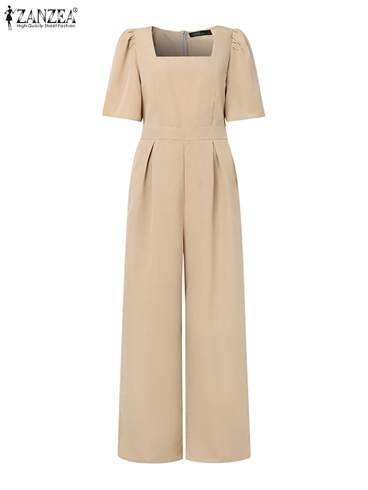 2025 ZANZEA ฤดูร้อนสแควร์คอสั้นแขนเสื้อผู้หญิง OL ทํางานขากว้าง Jumpsuits Solid Overalls Casual Playsuits