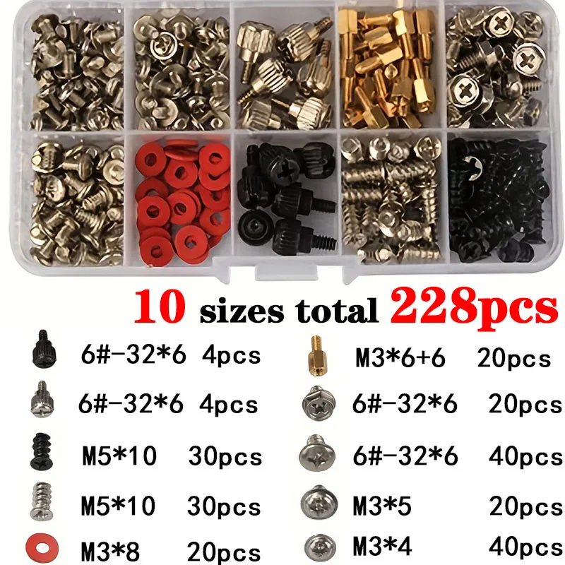 228/300/box Hard Disk DIY Motherboard PC Personal Computer Assemble Case Fan Hand Screw Bolt Standoff Washer Set Assortment Kit