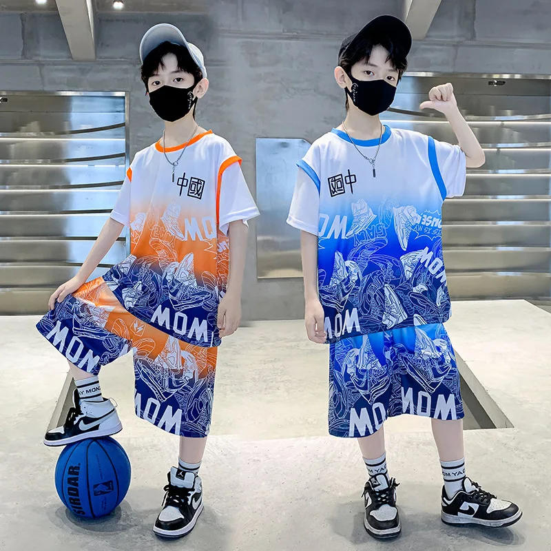 

Children's basketball wear summer quick-drying short-sleeved shoes jersey boys' big boys' sports suit fake two-piece set