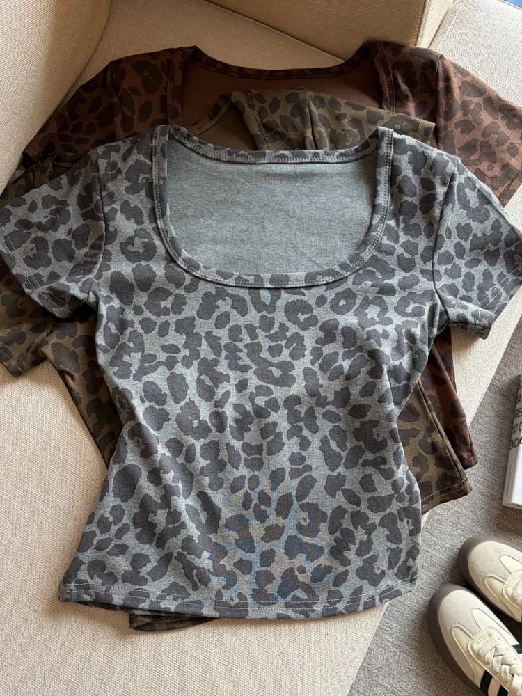 

Summer New American Hot Girl Style Fashionable All-Match Leopard Print U-Neck Short Sleeve T-Shirt Women Slimming Top