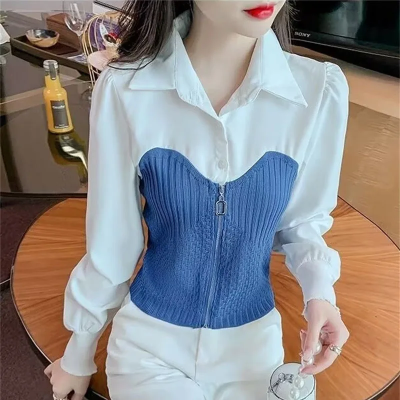 Ladies Fake Two Pieces Short Blouse Spring Autumn Women Fashion Splicing Together Zipper Tops Female Long Sleeves Shirt