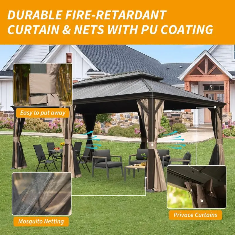 12 × 20 شرفة صلبة، مظلة معدنية مطورة مع نظام تصريف، سقف فولاذي مجلفن بطبقة مزدوجة، يتضمن ستارة و #5