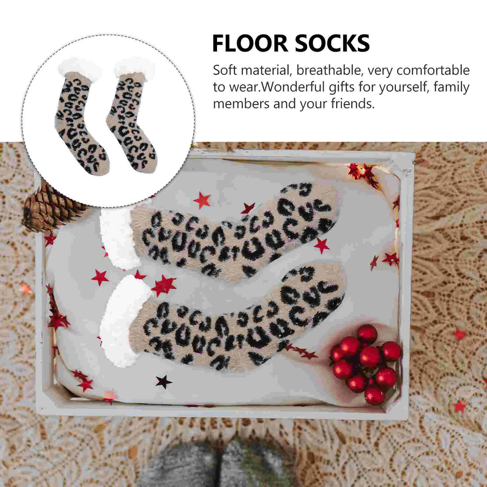 Leopard Floor Socks House for Women Fleece Lined Cozy Slippers Fluffy Animal Warm Sleep