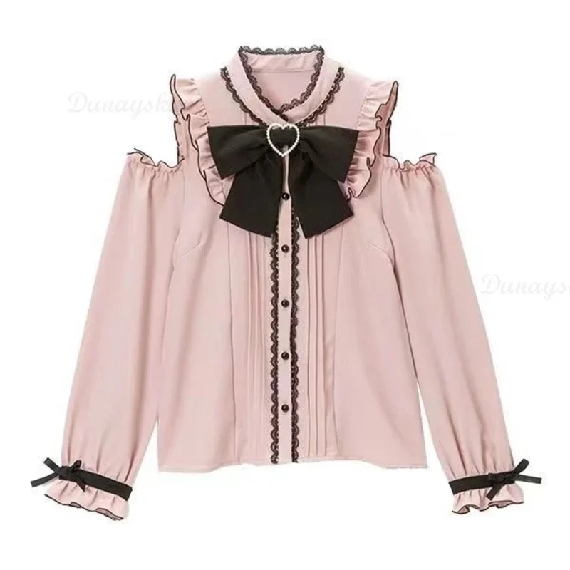 CyJirai kei Schoolgirl Outfit Lolita Lace Plus Size Retro Blouse Women Off Shoulder Japanese Sweet Top Autumn Loose Vintage Shir