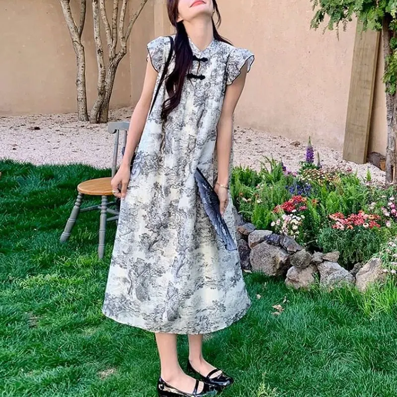 

Chinese Style Ink Painting Midi Dress Summer Stylish Flying Sleeve Vintage Stand Collar Female Clothing Loose A-Line Dresses New