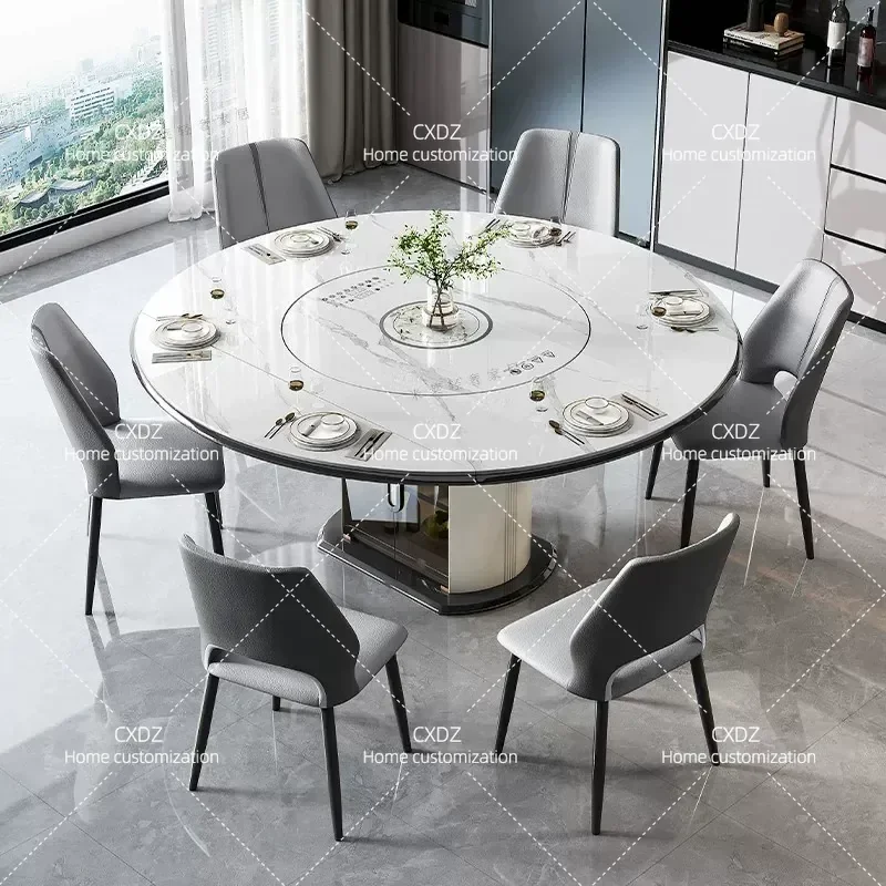 Light Luxury Sintered Stone Retractable Dining Table Set with Induction Cooker Electric Warmer Convertible Round Table