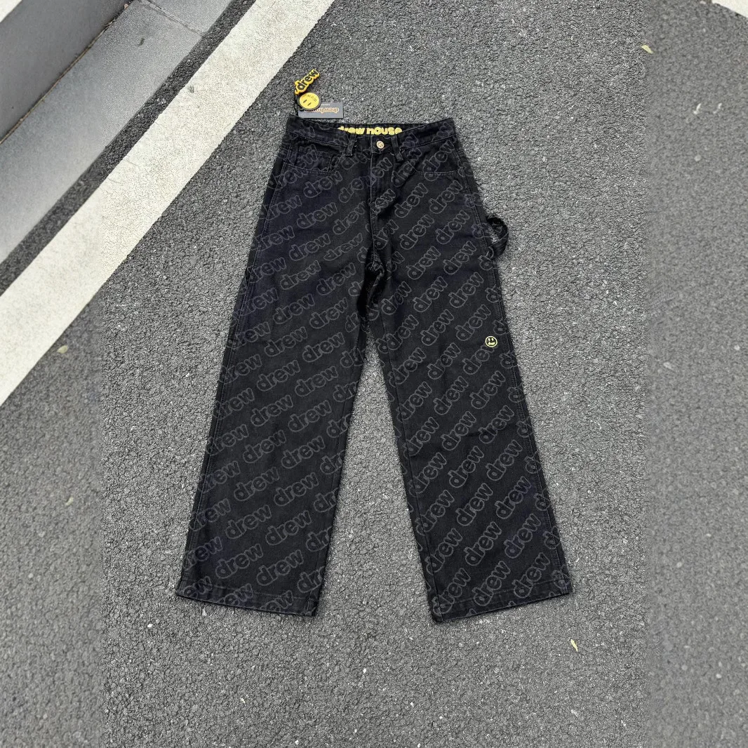 Drew House Smiley All-Over Print Patchwork Ripped Jeans Loose Fit Unisex Fashion Korean Style