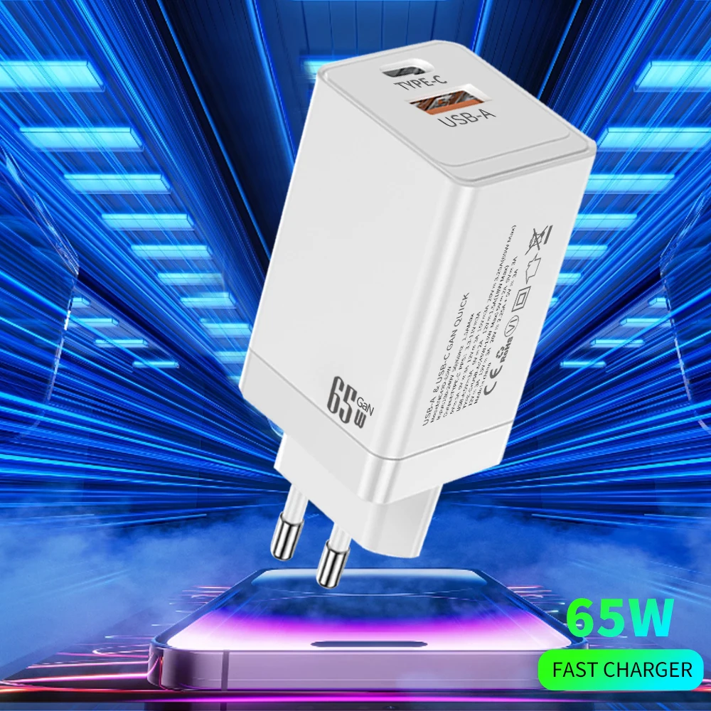 USB 65W GaN Fast Charging Adapter Type C Quick Charge Wall Charger QC3.0 PD EU Plug for iPhone15 Pro Xiaomi Huawei Samsung Phone