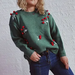 Long Sleeve Sweater Women Bubble Cherry Jacquard Knit Pullover O-Neck Jumper Coat Loose Office Lady Casual Bottoms Top 2023