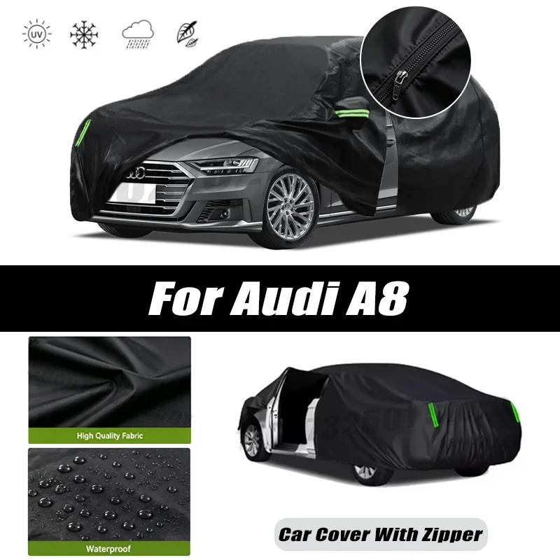 For Audi A8 Car Covers Outdoor Waterproof Sun Rain Snow Protection UV Car Zipper Design Black Car Cover Accessories