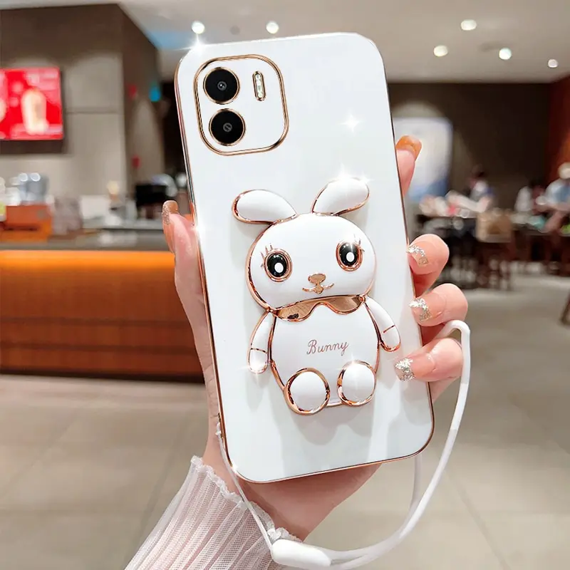 Phone Case For Xiaomi Redmi A1 4G Luxury Plating Square Rabbit Holder With Landyard Case Cover