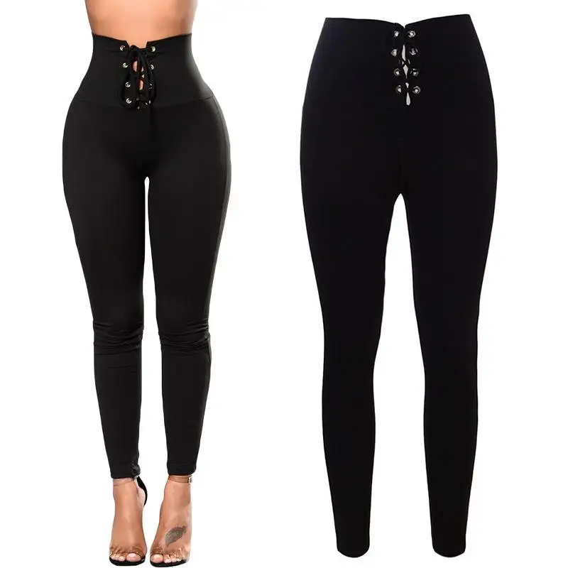 Black High Waisted Elastic Waist Strap Fastener Leggings Women's Bottoming Trousers Pure Color No Brand Registered Trademark