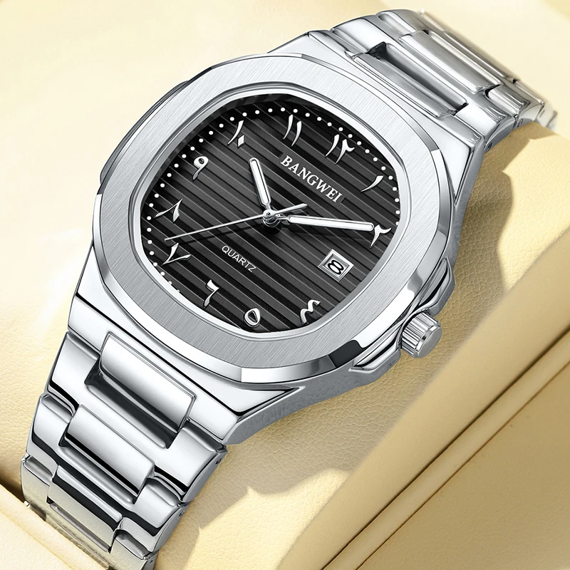 방웨이 남성용 고급 방수 사각 야광 날짜 스테인리스 스틸 캐주얼 쿼츠 시계 남성 시계 렐로즈 옴브레