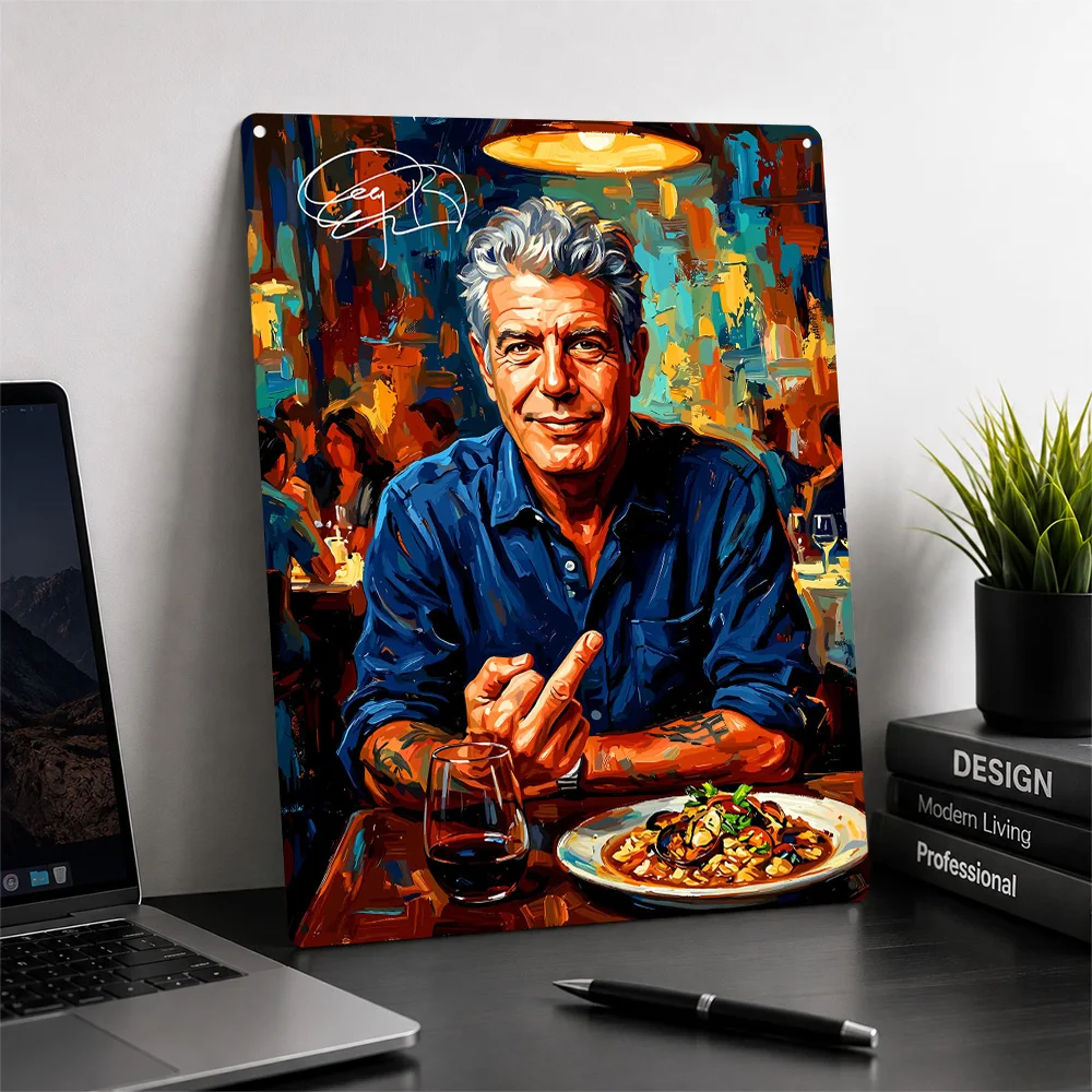 Anthony Bourdain Portrait Painting Personalized 3D Textured Metal Poster Wall Art Tinplate Sign for Room Decorating Interior