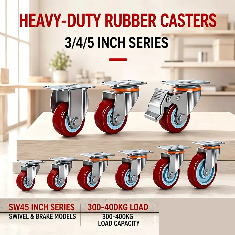 Heavy-Duty Industrial Rubber Casters 3/4/5 Inch Swivel Brake Wheels 300-400KG Load for Trolley Cart Workbench