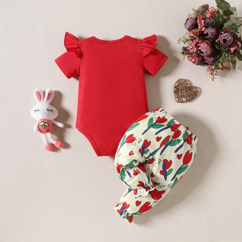 2pcs Summer Girls Fashion Jumpsuit Set with Cartoon Printed Fly Edge Sleeve Top Paired with Bow Pants for Newborn Clothing 0-18M