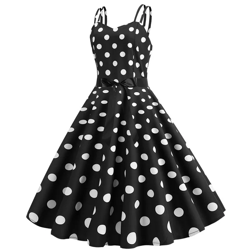 Women's Black Polka Dot High Waist Dress Casual Sleeveless Vintage Party Spaghetti Strap 50s Style Girls' Dress