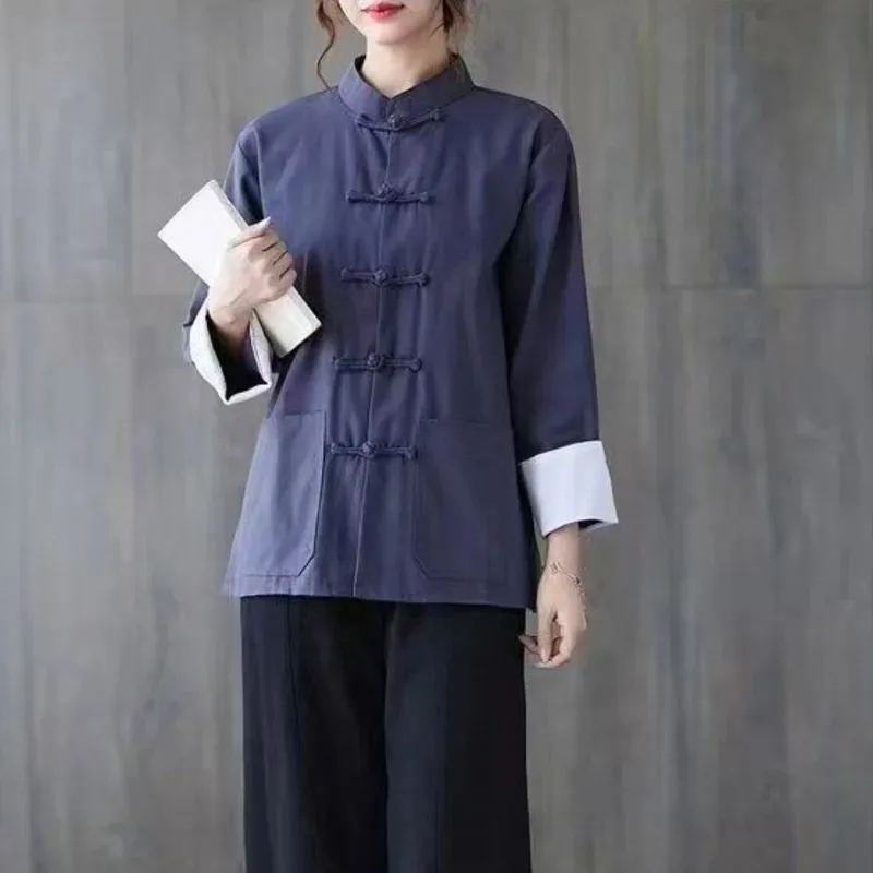 

New Ancient Chinese Top Hanfu Shirts Oriental Clothing Linen Navy Traditional Chinese Blouse Women Red