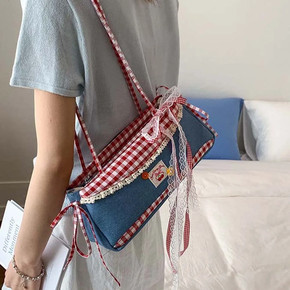 

Sweet French Stick Handbag Denim Blue Contrast Color Plaid Shoulder Bag Korean Style Large Capacity Cloth Underarm Bags Travel