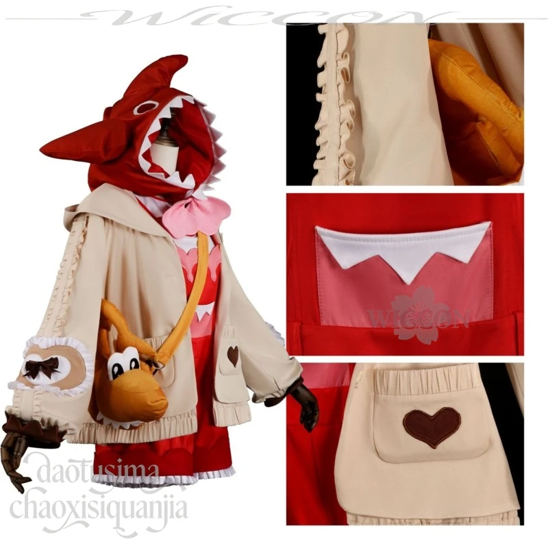 

Genshin Impact Klee Full Cosplay Set Cute Red Furry Shark Hat Bag Lovely Sweet Lolita Outfit Halloween Carnival Dress Up Wig